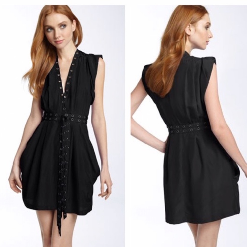 Nanette Lepore Black Silk Blend Wrap Dress with Grommet Details, Size 6